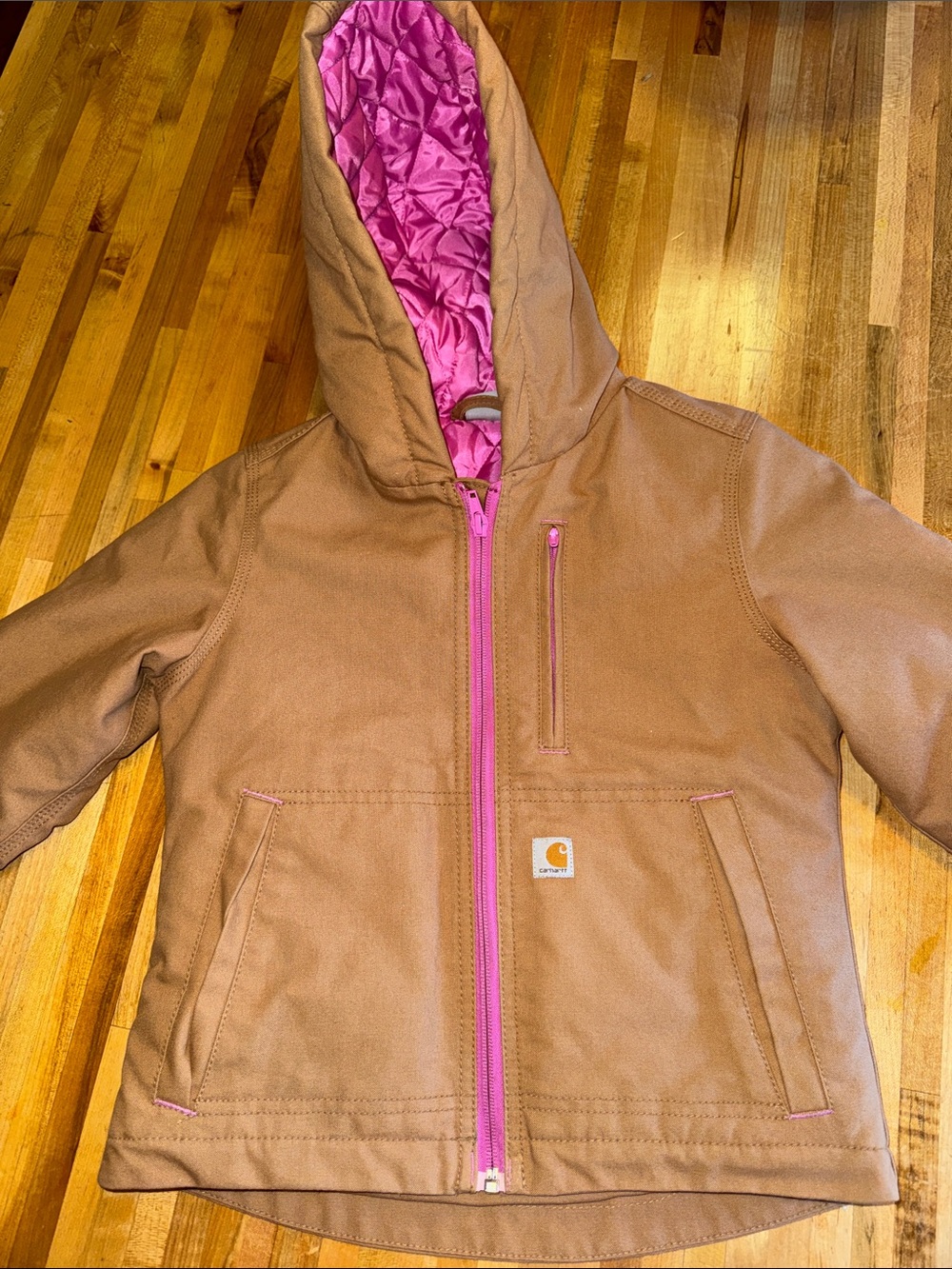 Carhartt Kids Brown Hooded Puffer Jacket with Pink Lining